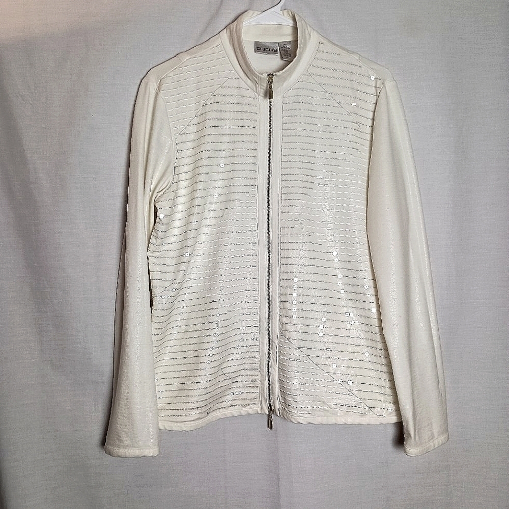 Chico's Women's Ivory Sequined 2 Way  Zip Up Long Sleeve Shirt Jacket  Size 1